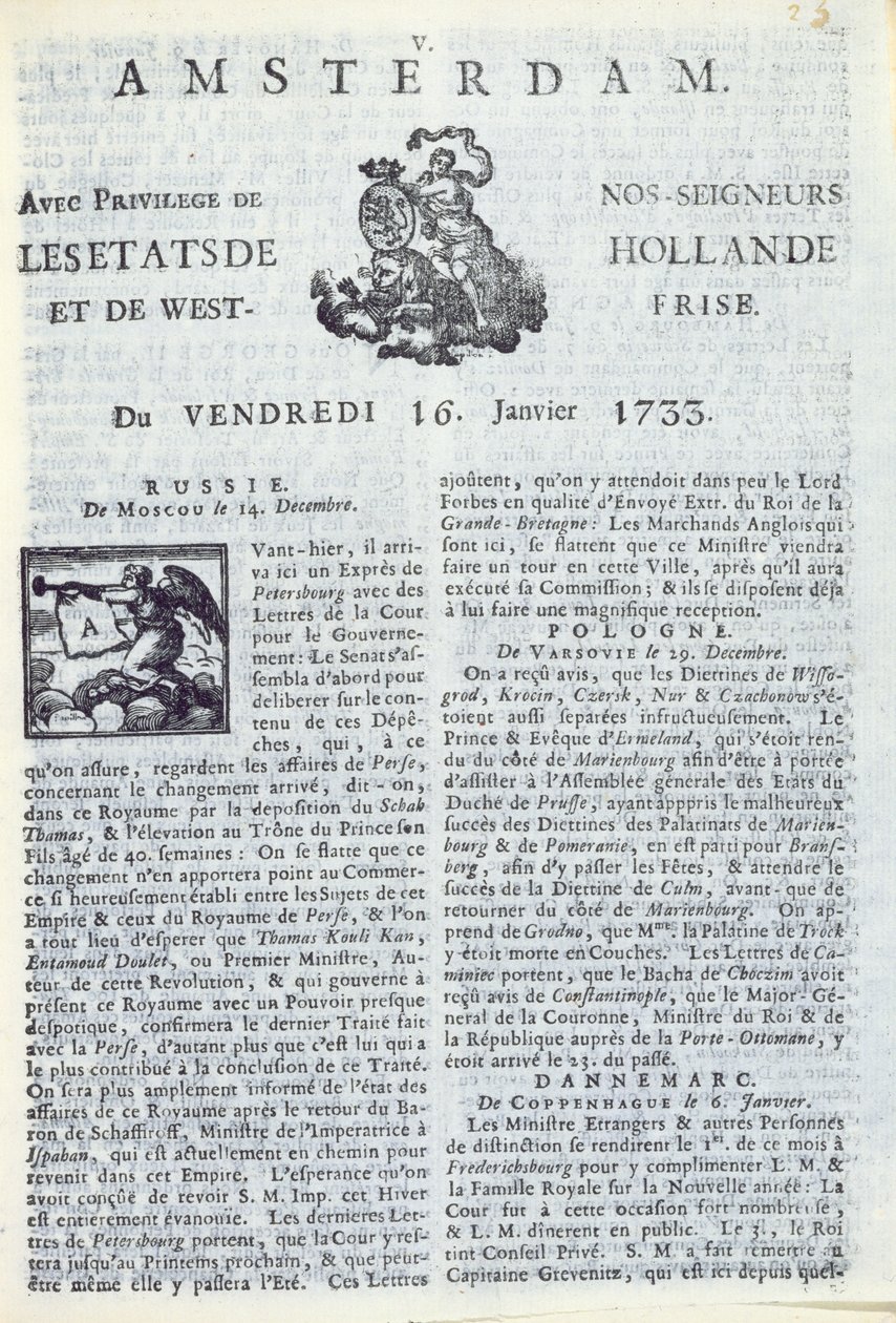 Forsiden av La Gazette dAmsterdam, 16. januar 1733 (trykt papir) av Dutch School