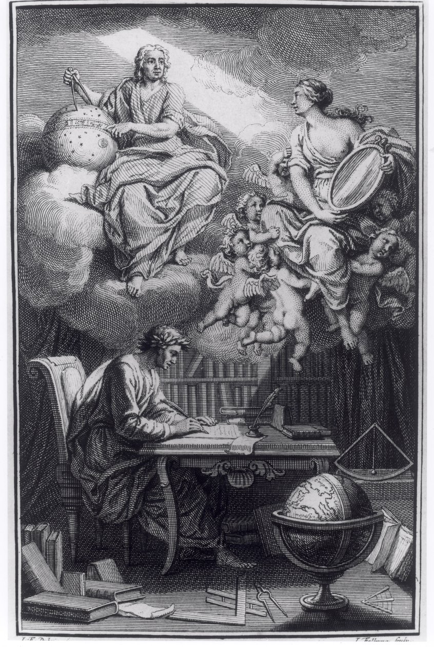 Frontispice av Elemens de la Philosophie de Neuton av Voltaire (1694-1778) utgitt i Amsterdam, 1738 av Dutch School