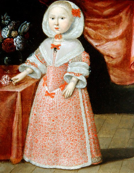 Jente som holder en rosa og hvit blomst, ca. 1640 (olje på kobber) av Dutch School