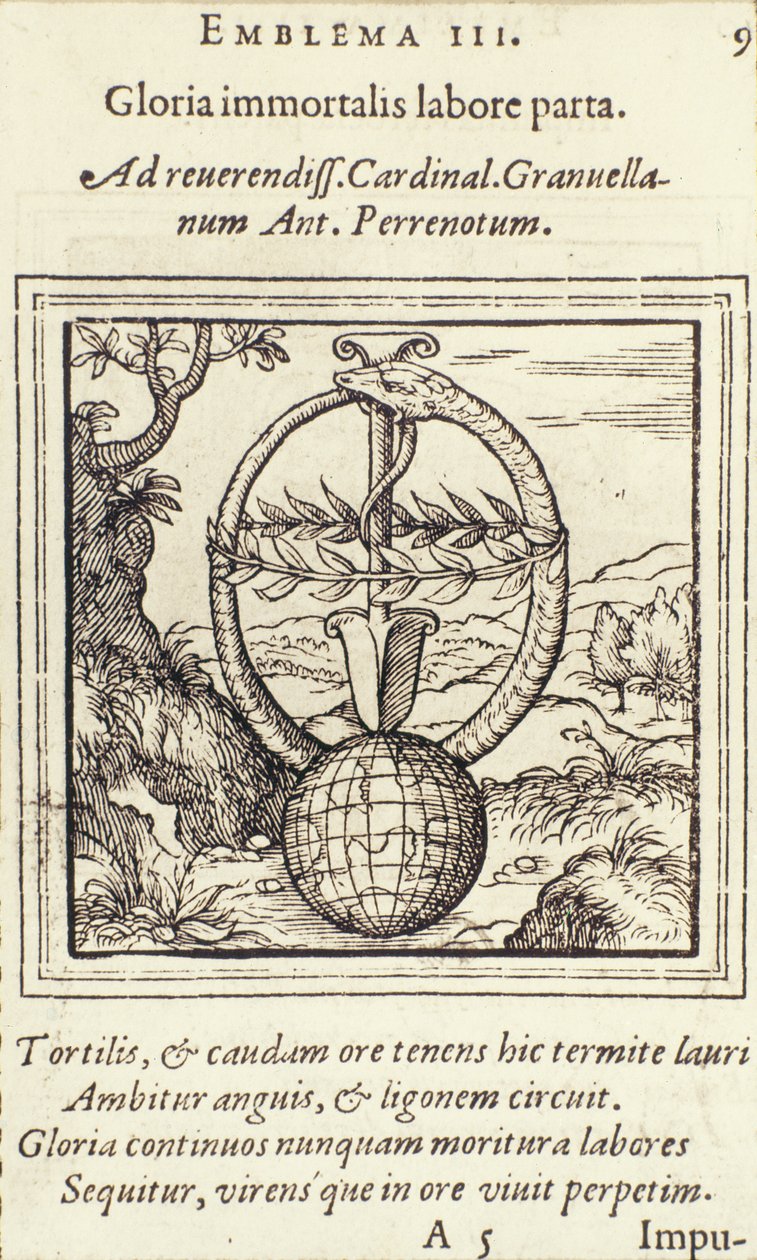 Herligheten til udødelig arbeid vant, illustrasjon fra Emblemata av Adrianus Junius, utgitt av Christophe Plantin, Anvers, 1565 av Dutch School