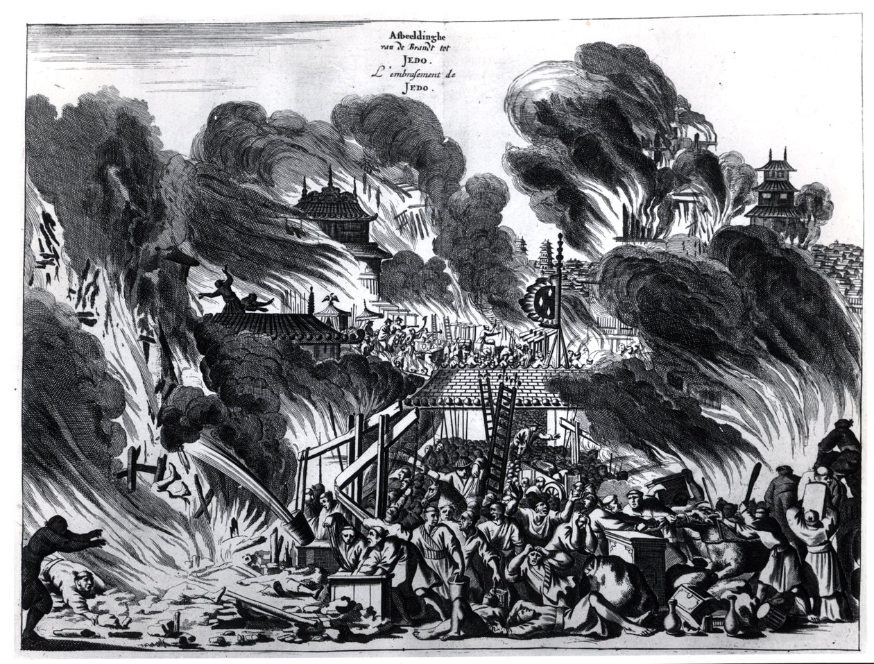 Stor brann i Yedo (Tokyo) på 1600-tallet, illustrasjon fra beretningen av Arnold Montanus om ambassader sendt av det nederlandske østindiske kompaniet til keiseren av Japan, publisert i Amsterdam 1680 av Dutch School