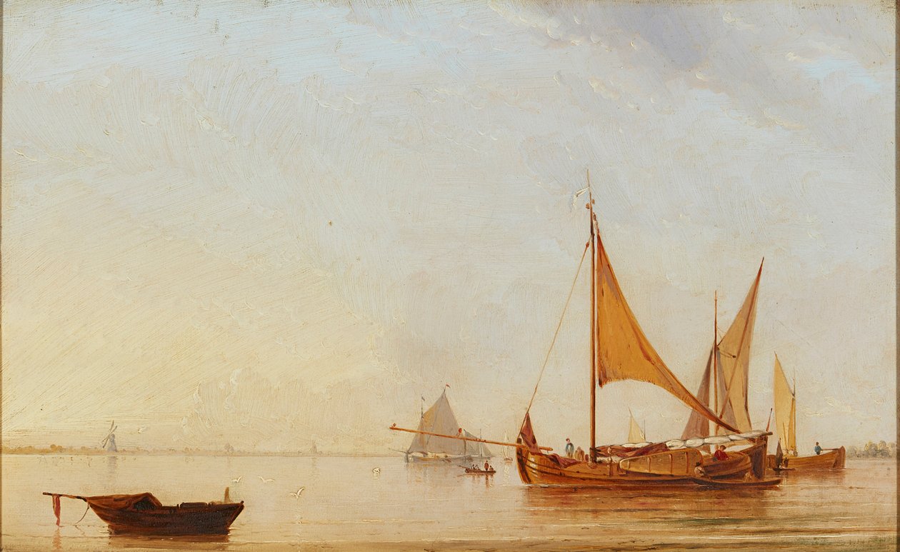 Harboring Boats at Dawn (olje om bord) av Dutch School