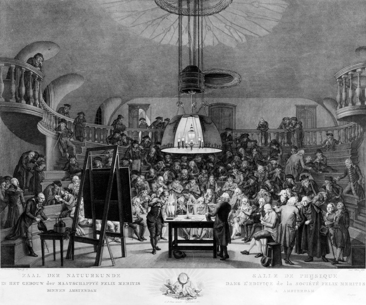 J. H. van Swinden, demonstrerer generering av elektrisitet til Felix Meritis Society, Amsterdam, ca. 1800 av Dutch School