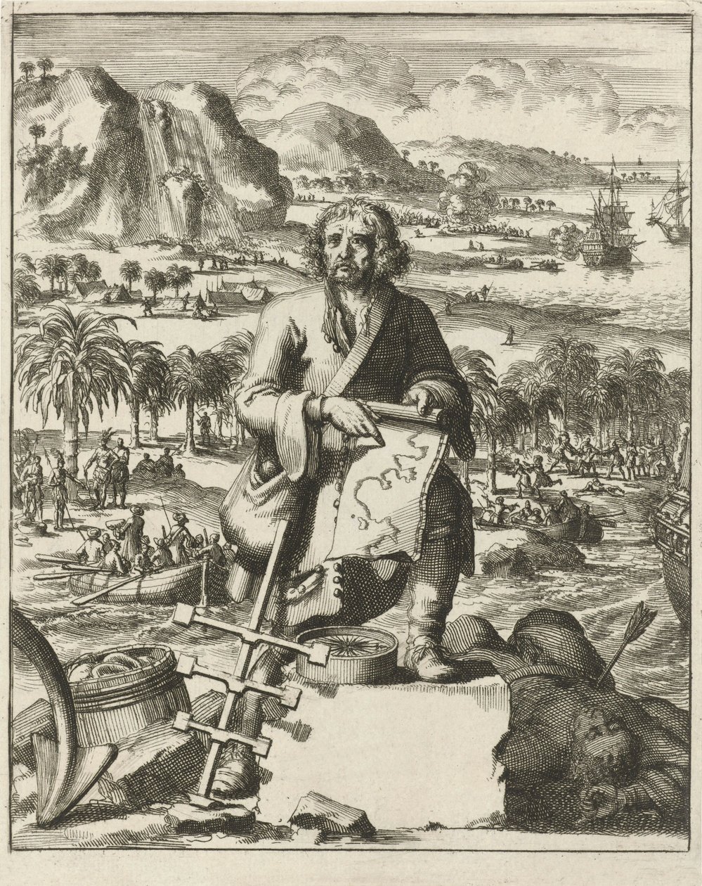 Louis Hennepin lander i Nord-Amerika, pub. 1688 gravering. av Dutch School