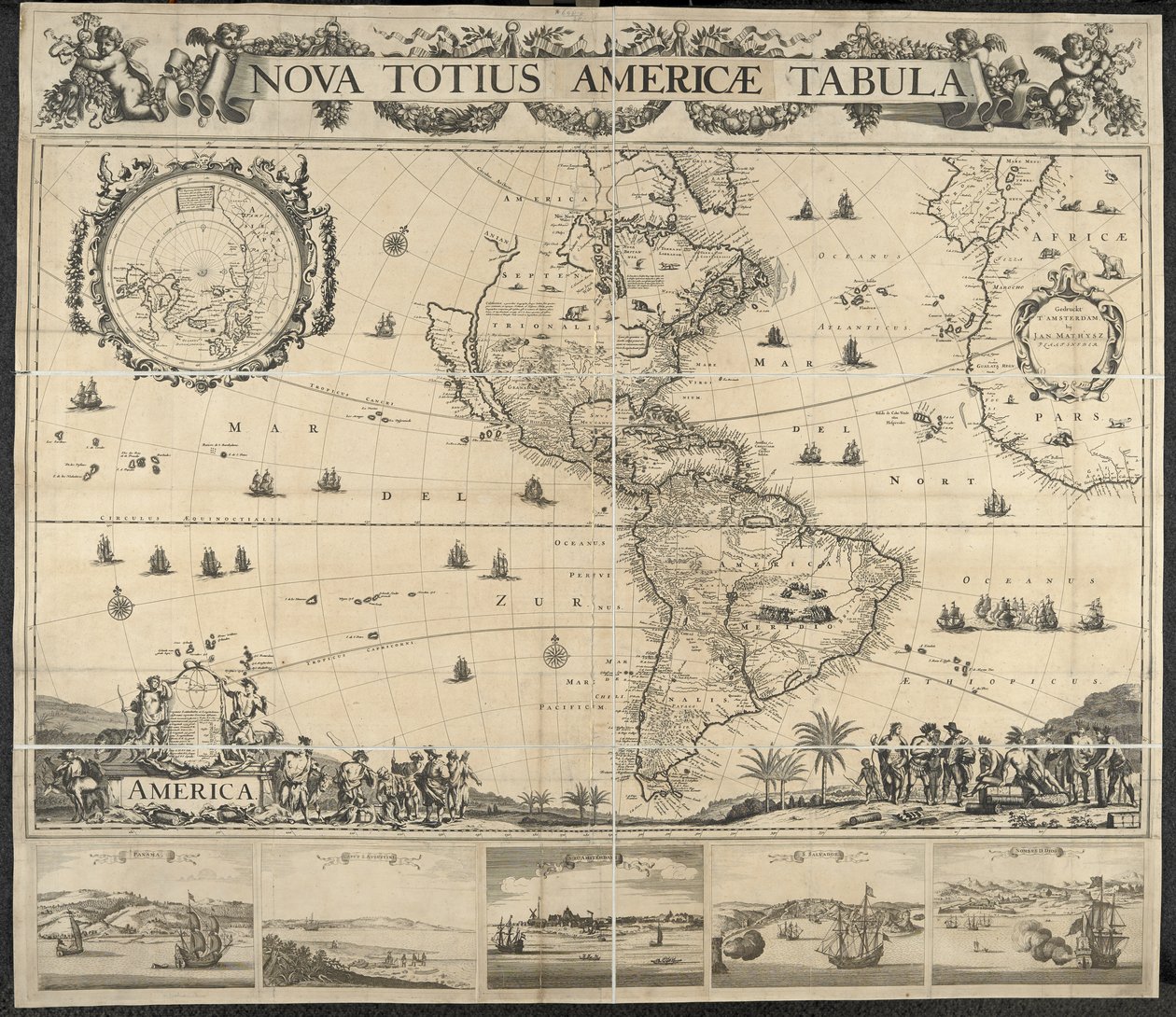 Kart over Amerika, Nova totius Americae Table, [med utsikt over] Panama, Caput S. Augustini, New Amsterdam, S. Frelser, Navn D. Gud. Tegnet av J. Mathysz av Dutch School