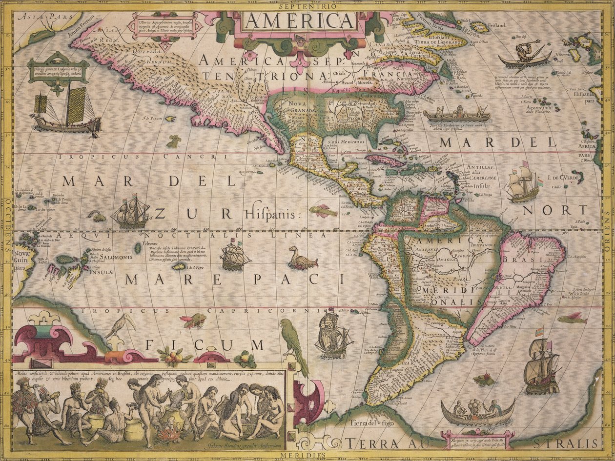 Kart over Amerika, fra Mercator Atlas, pub. av Jodocus Hondius (1563-1612), Amsterdam, 1606 av Dutch School