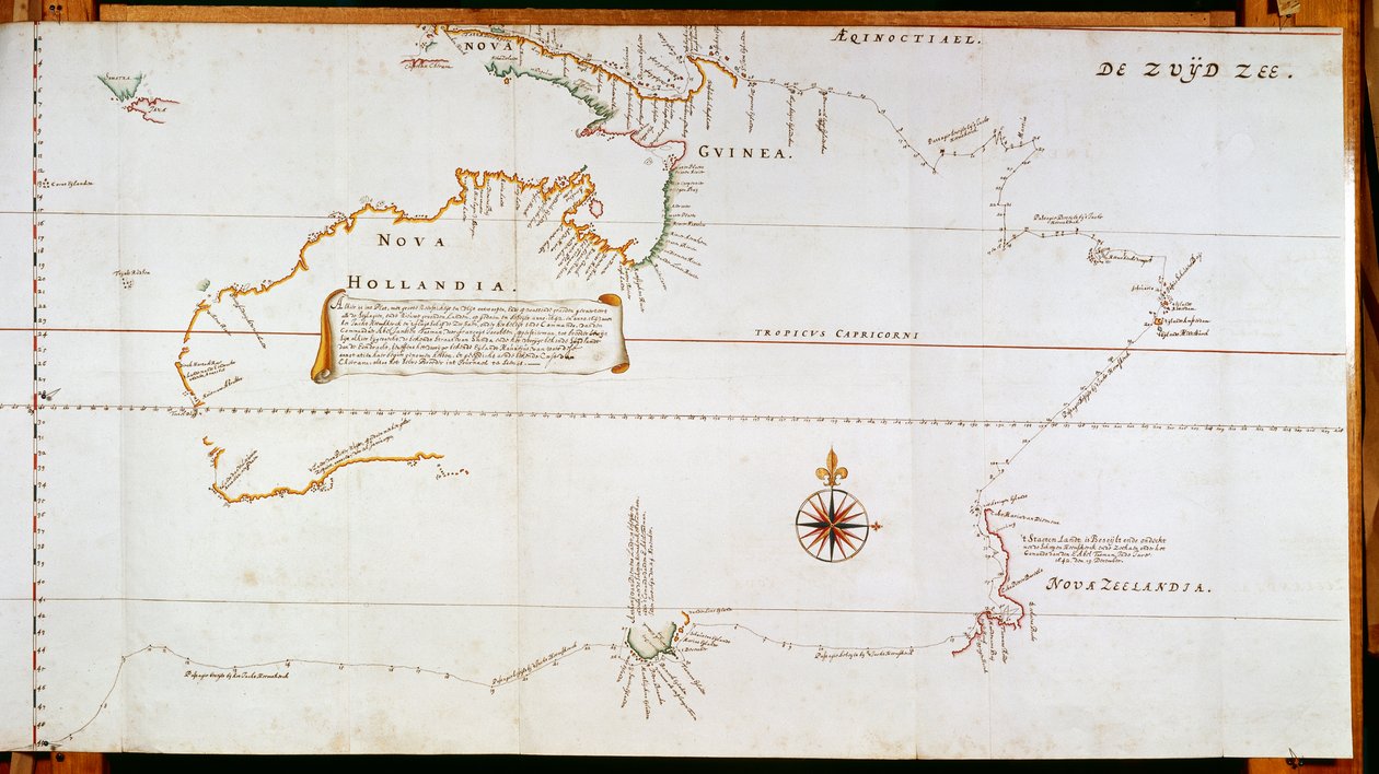Kart over New Holland, nå Australia, og over New Zealand, hentet fra informasjon samlet inn under turer foretatt av Abel Janszoon Tasman