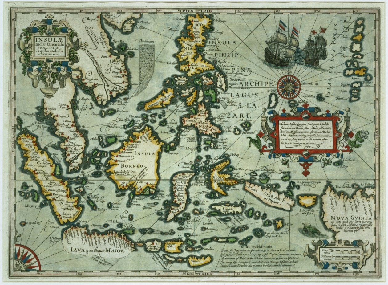 Kart over Øst-India, pub. 1635 i Amsterdam (håndfarget gravering) av Dutch School