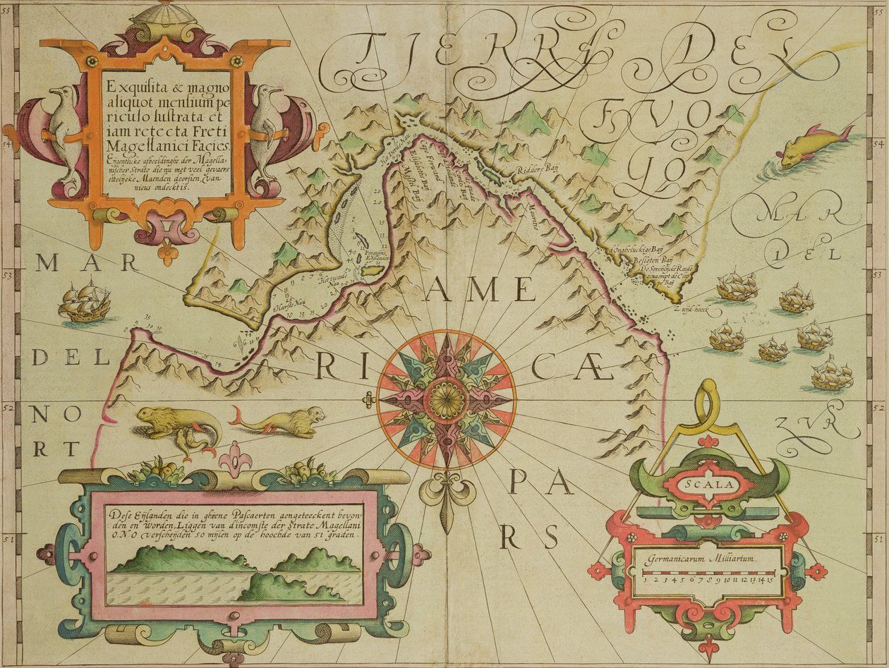 Kart over Magellanstredet, Patagonia, fra puben Mercator Atlas. av Jodocus Hondius (1563-1612) Amsterdam, 1606 av Dutch School