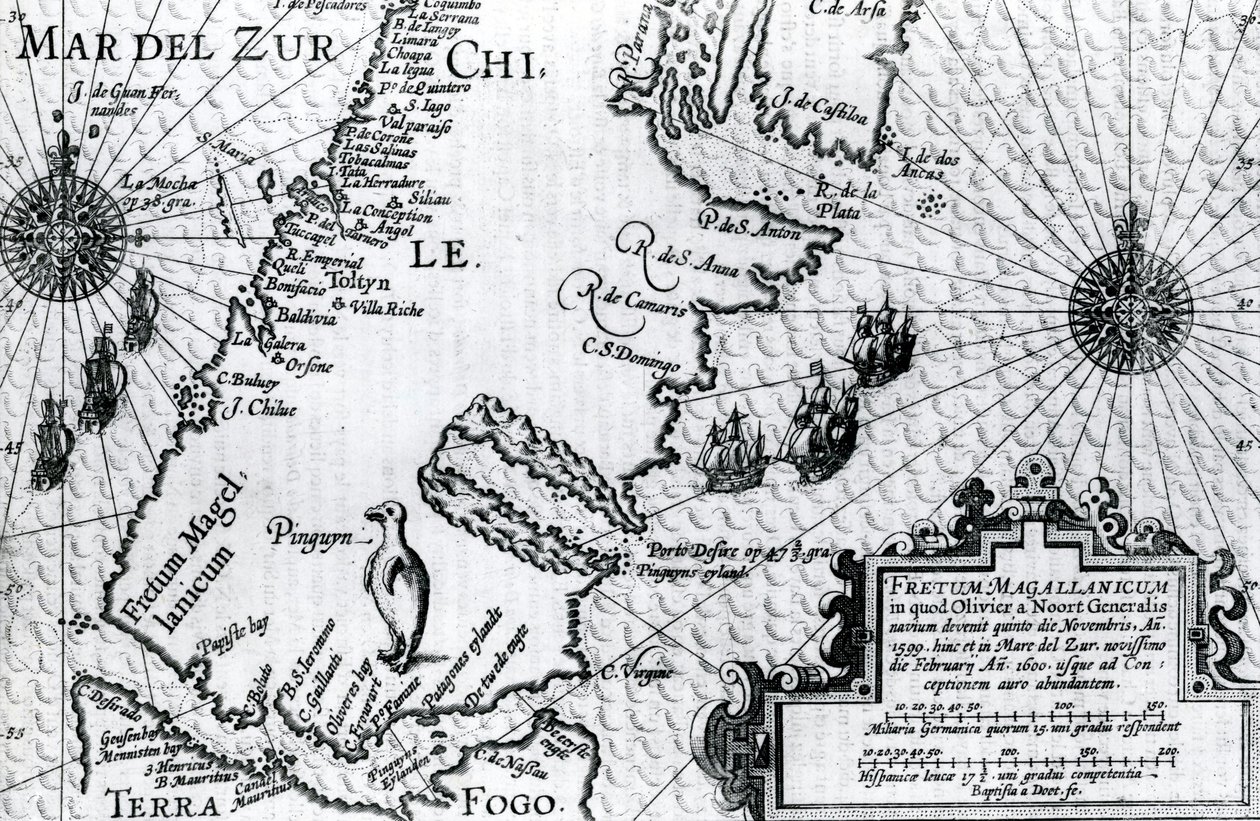 Kart over Magellanstredet, plate fra Oliver van Noorts beskrivelse av hans reise, 1602 av Dutch School