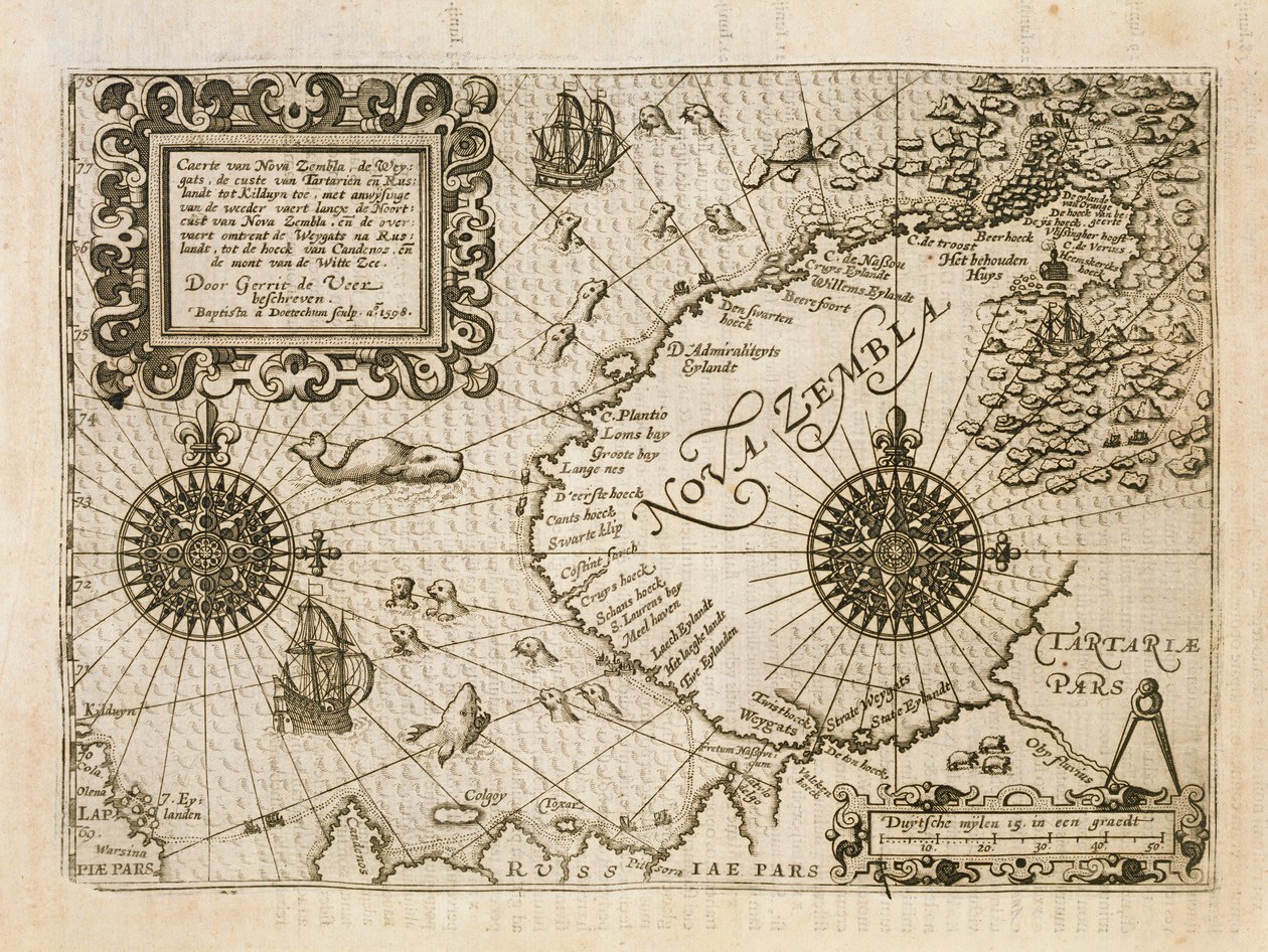 Kart over den nyoppdagede Nova Zembla, illustrasjon fra Diarium Nauticum, eller den sanne beskrivelsen av tre beundringsverdige reiser... av Dutch School