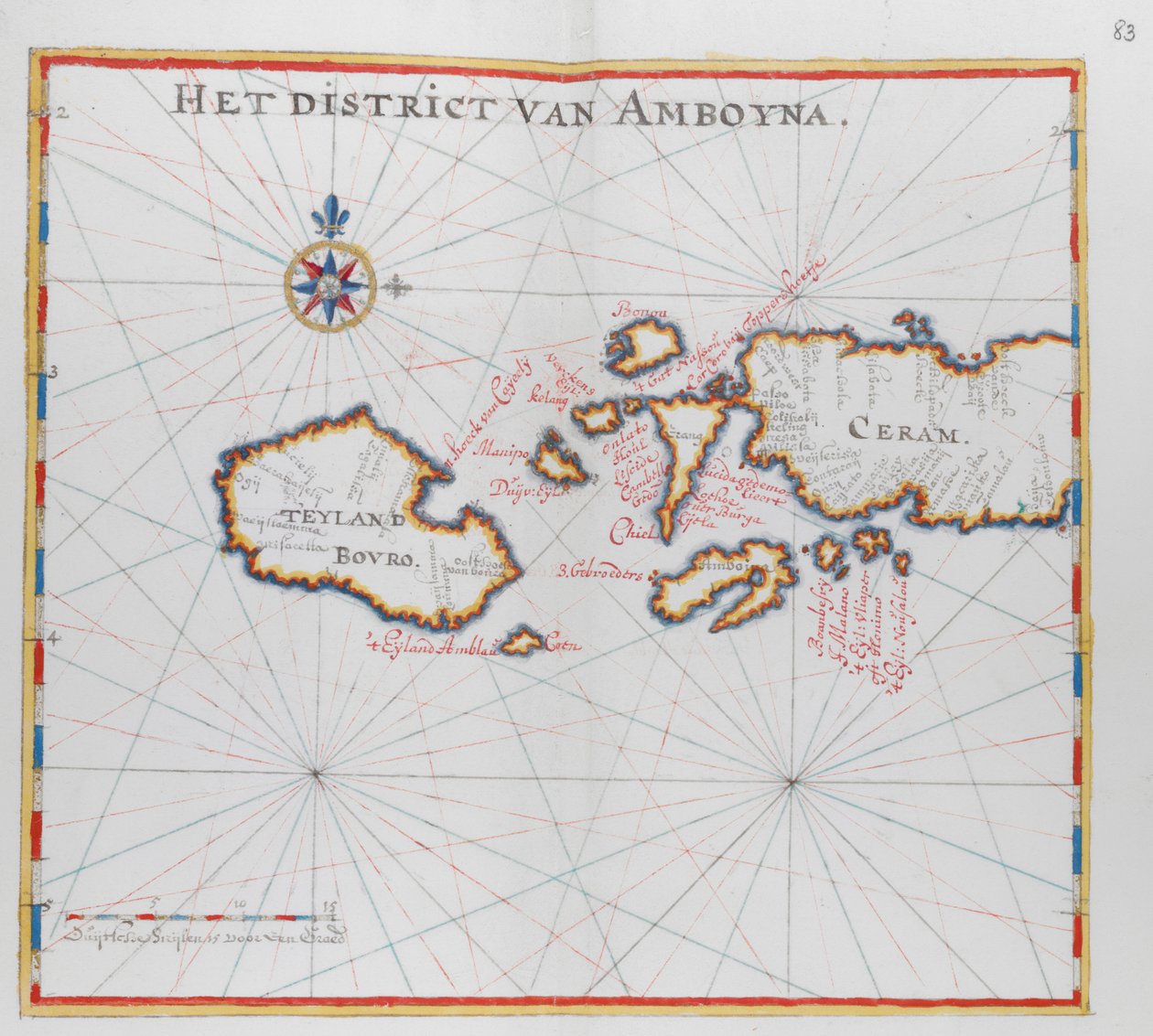 Kart som viser øyene Bouro og Ceram (Seram), Indonesia. av Dutch School