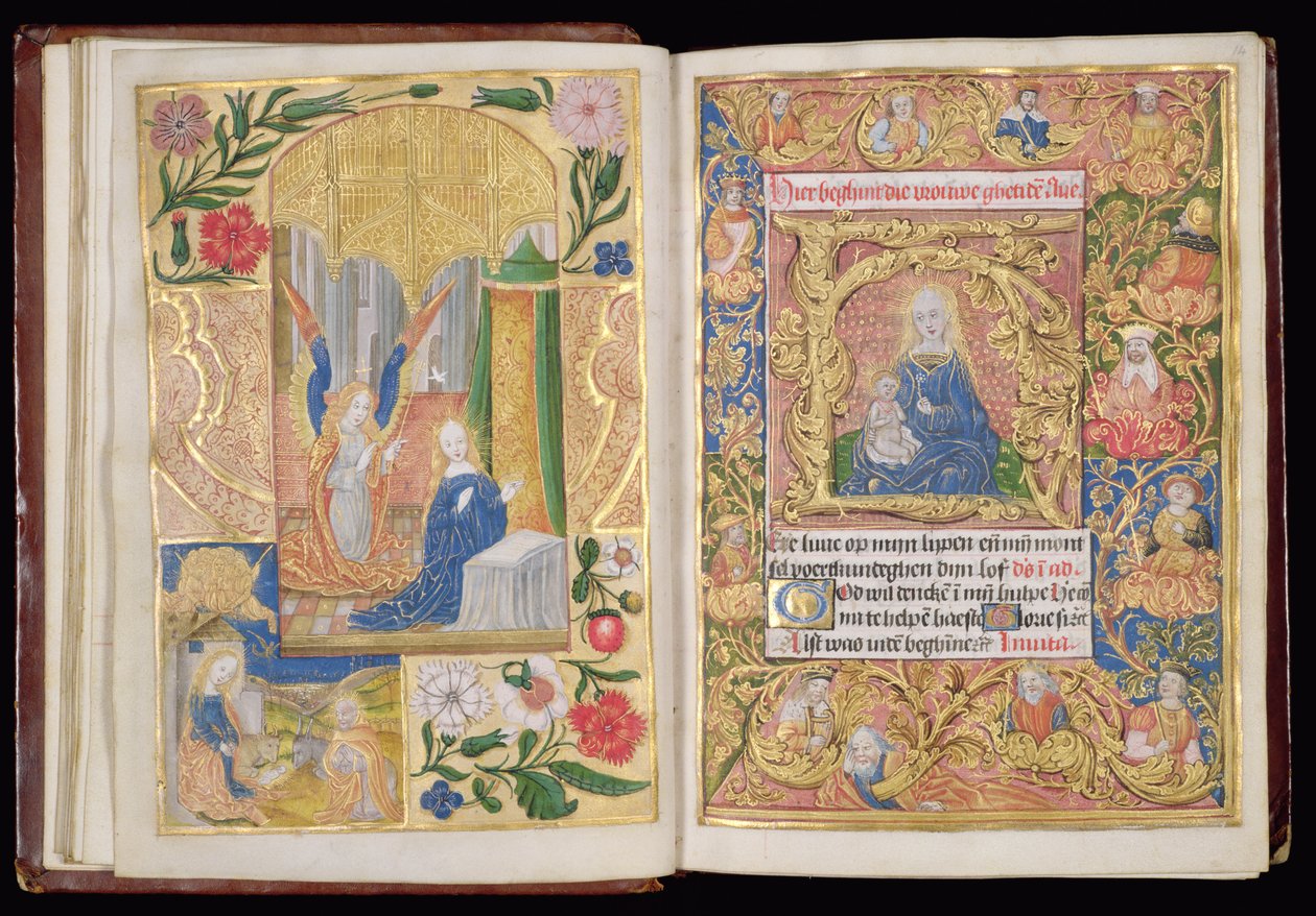 Ms 144, ff.13v-14r: The Annunciation and Virgin and Child, miniatyrer fra en timebok, Bruk av Utrecht, ca. 1500-20 (bladgull og gull og farget blekk på pergament) av Dutch School