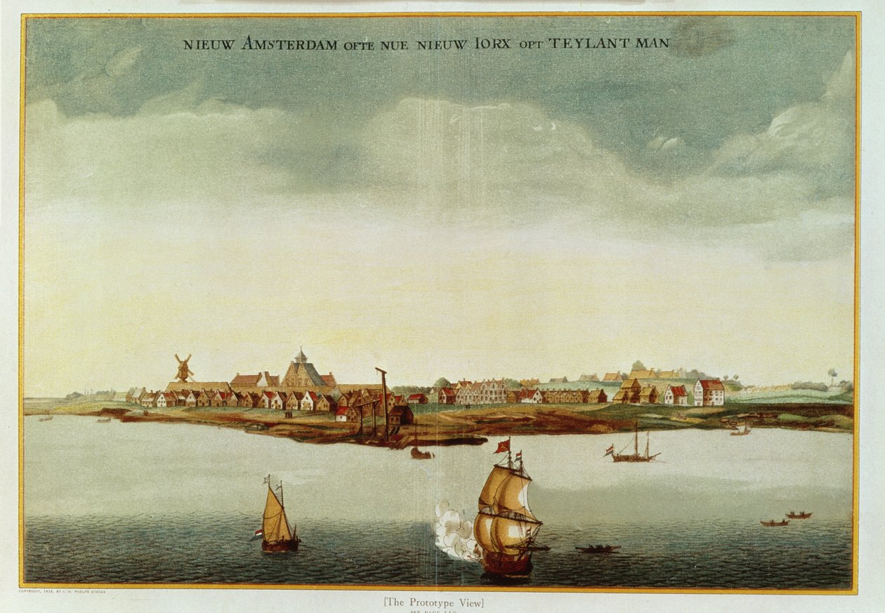 New Amsterdam, ca. 1650-53 (The Prototype View) brukt som frontispice til Stokes Iconography, vol. 1, 1915 (farget trykk) av Dutch School