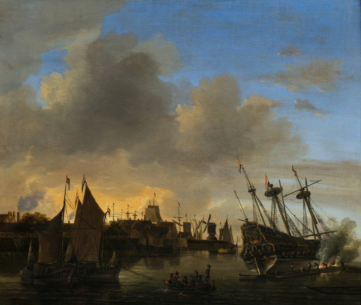 Tallrike skip i en nederlandsk havn av Dutch School