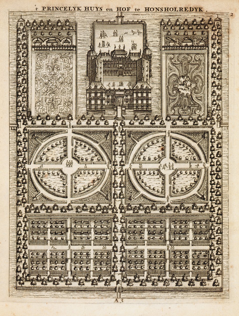 Palace of Honsholredyk, fra The Dutch Gardener av Johann van der Groen, utgitt 1699 av Dutch School