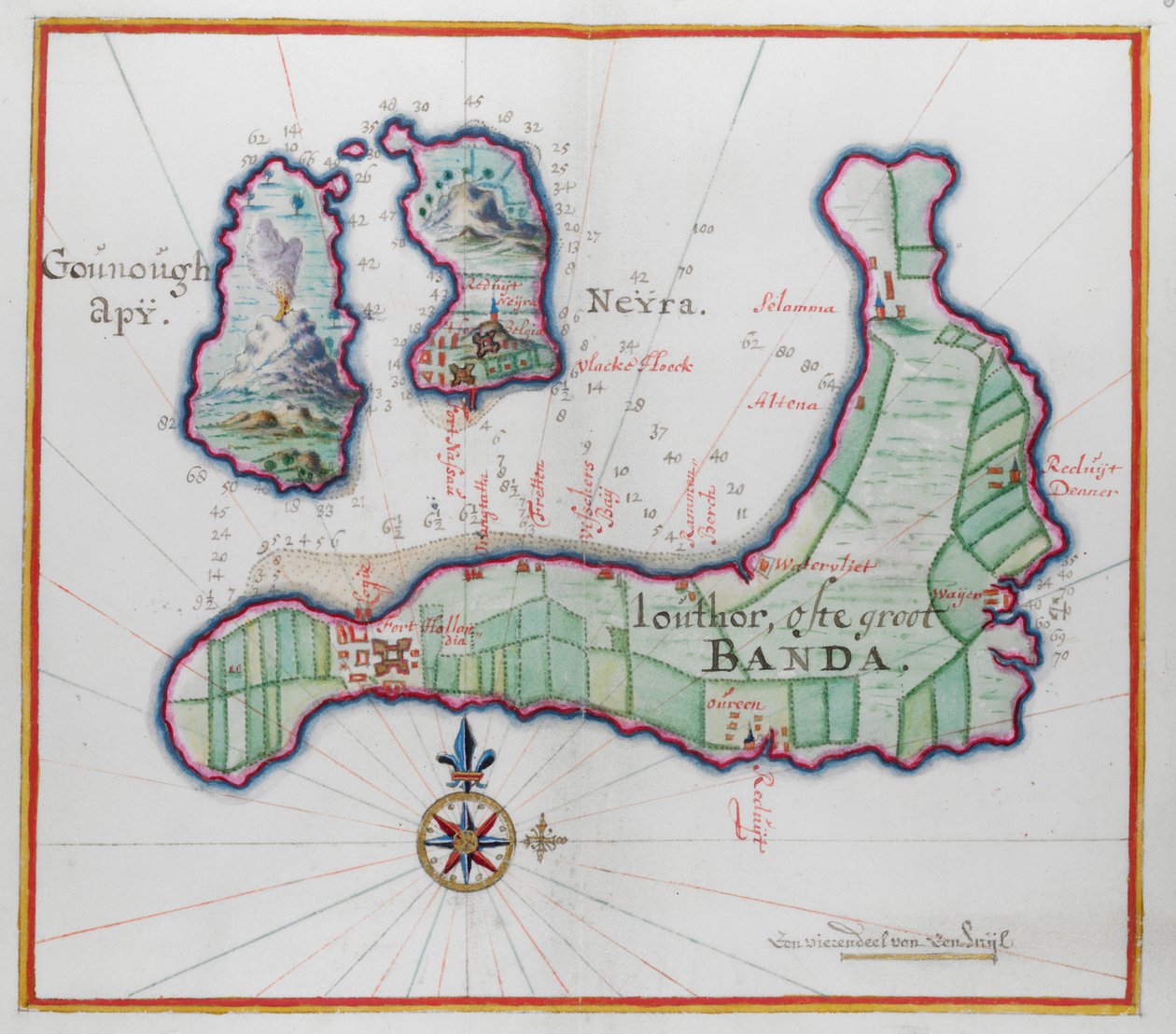 Bildekart over tre av Banda-øyene. av Dutch School