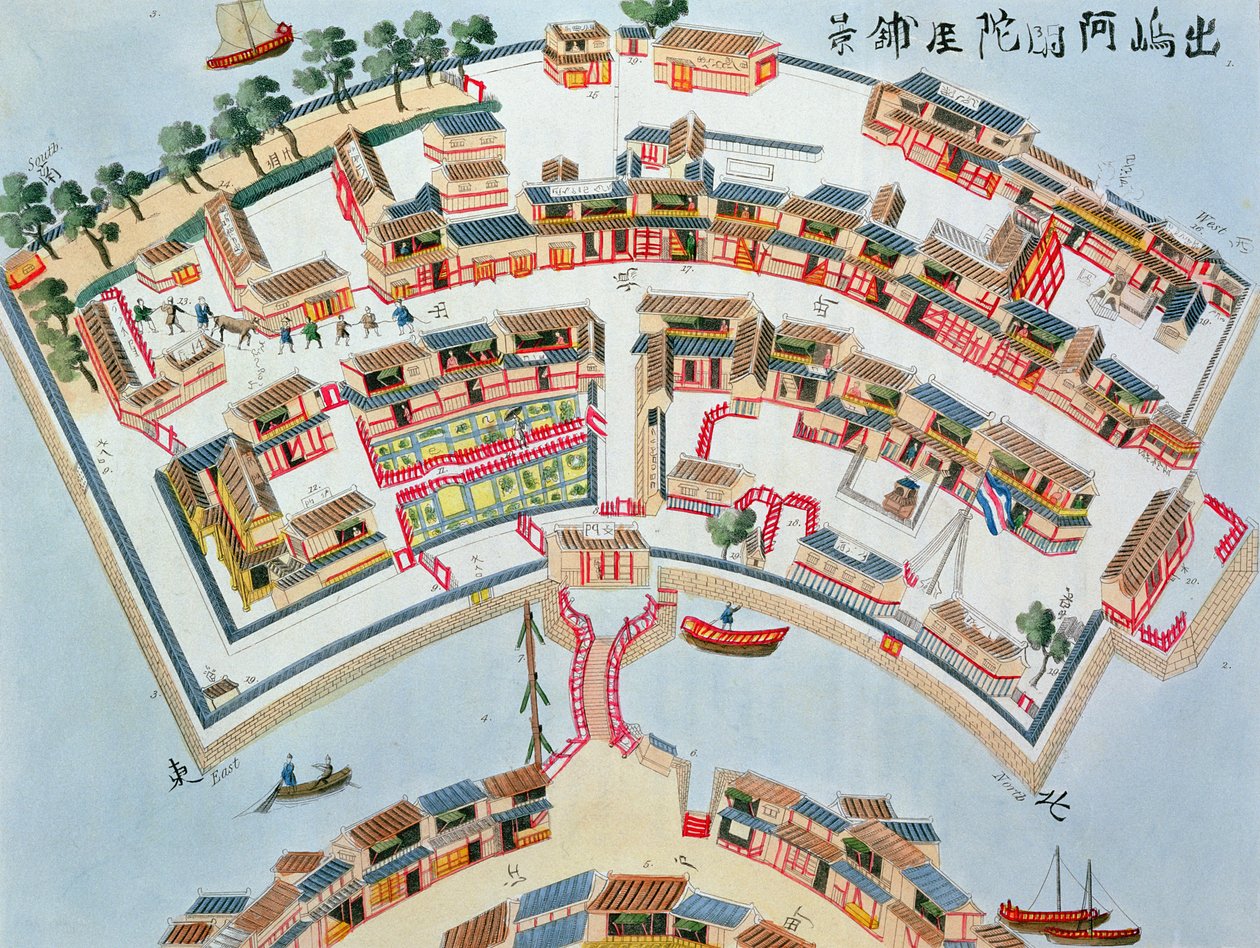 Plan over den nederlandske fabrikken på øya Desima i Nangasaki, fra Illustrasjoner av Japan av Isaac Titsingh (ca. 1740-1812), utgitt London, 1822 av Dutch School