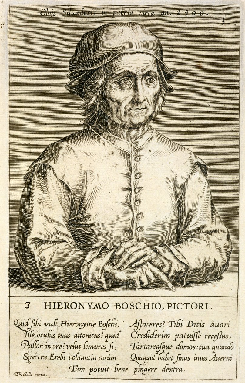 Portrett av Hieronymus Bosch (ca. 1450-1516) plate 3 i en serie portretter av kunstnere, gravert av Theodor Galle (1571-1633) av Dutch School