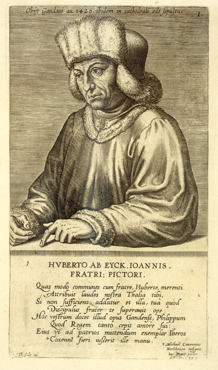 Portrett av Hubert van Eyck (1366-1426) plate 1 fra en serie portretter av kunstnere, gravert av Theodor Galle (1571-1633) av Dutch School