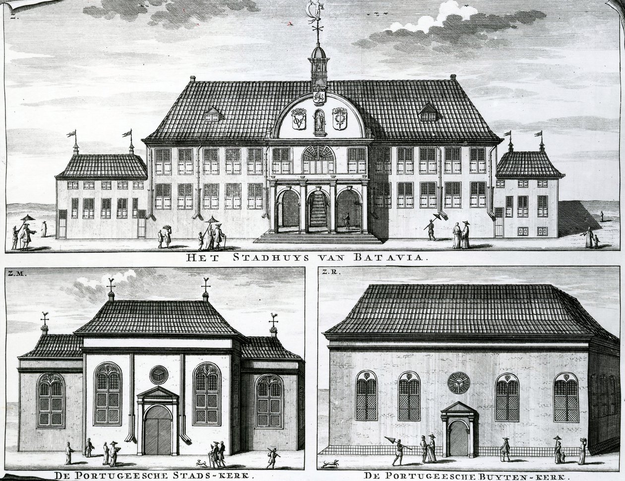 Portugisisk kirke og rådhus i Batavia, 1800-tallet, av Dutch School