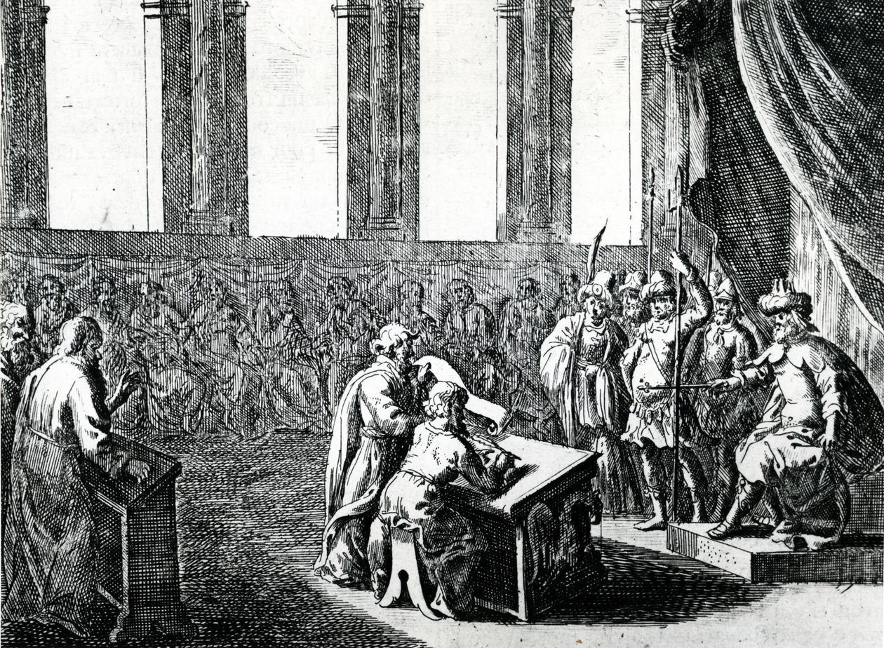 Ptolemaios Philadelphus, konge av Egypt, innkaller 72 menn fra Judea for å oversette jødisk lov til gresk, ca. 1700 av Dutch School
