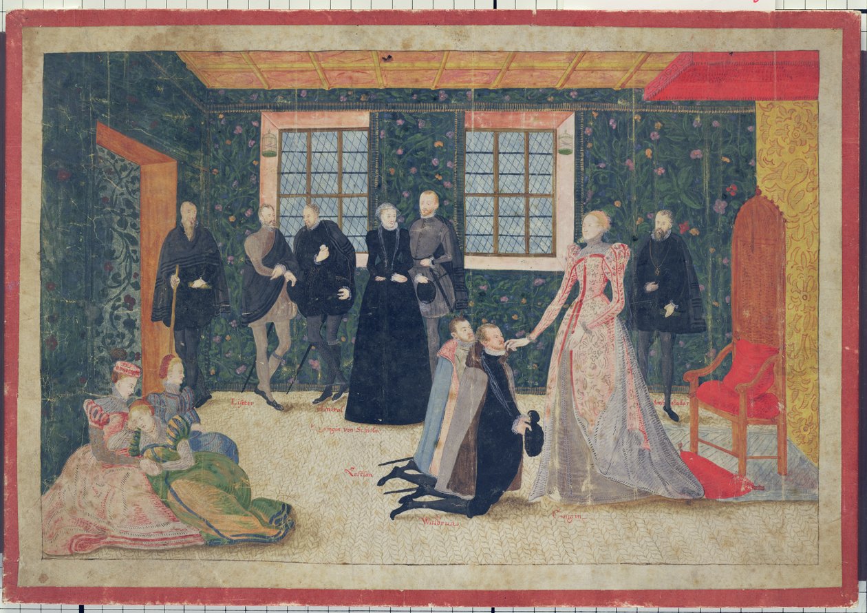 Dronning Elizabeth mottar nederlandske ambassadører (gouache på kort) av Dutch School