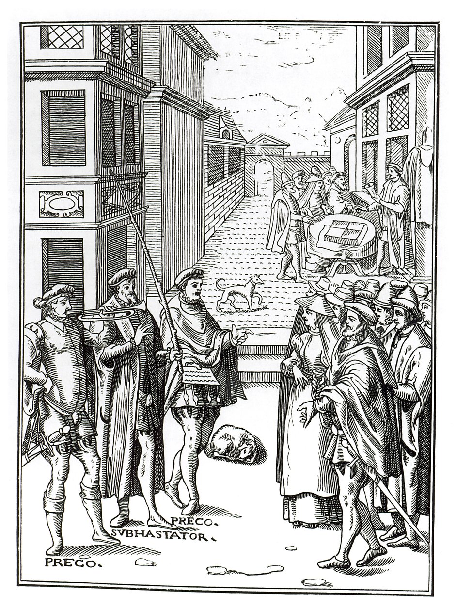 Salg av Town Crier, etter et tresnitt i Praxis Rerum Civilium av Joos de Damhouder (1507-81) utgitt Antwerpen, 1557 av Dutch School