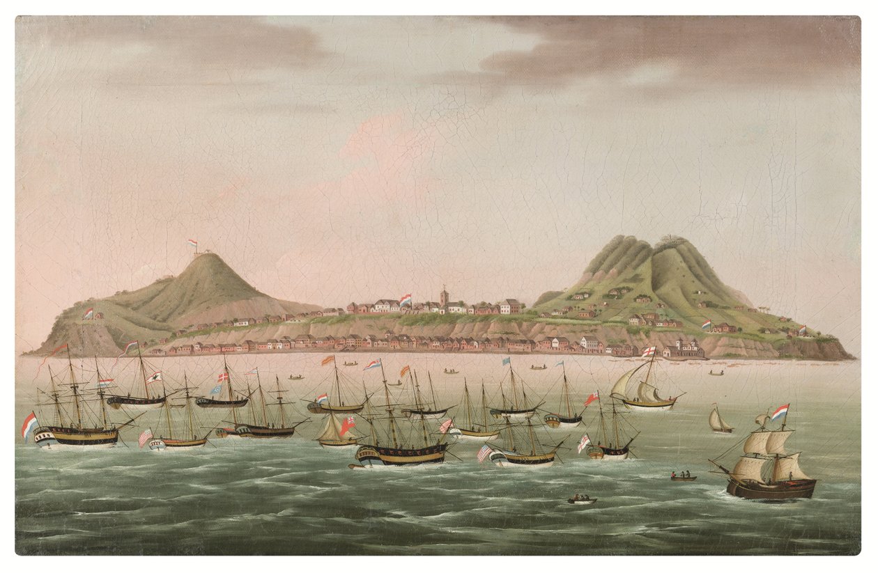 Sint Eustatius i De nederlandske Antillene, med vestindiamenn samlet i veien utenfor Oranjestad (olje på lerret) av Dutch School