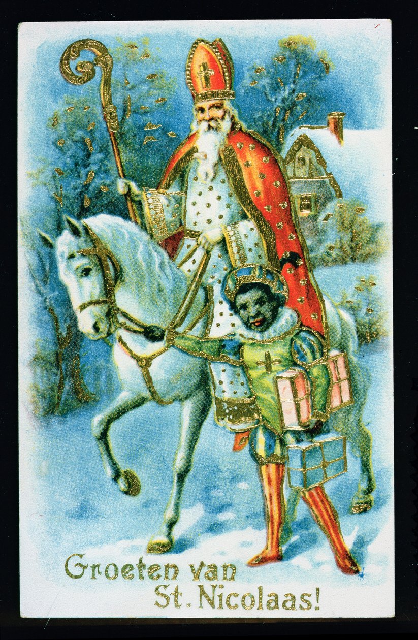St.Nicholas og en svart hjelper, ca. 1890, nederlandsk kort av Dutch School
