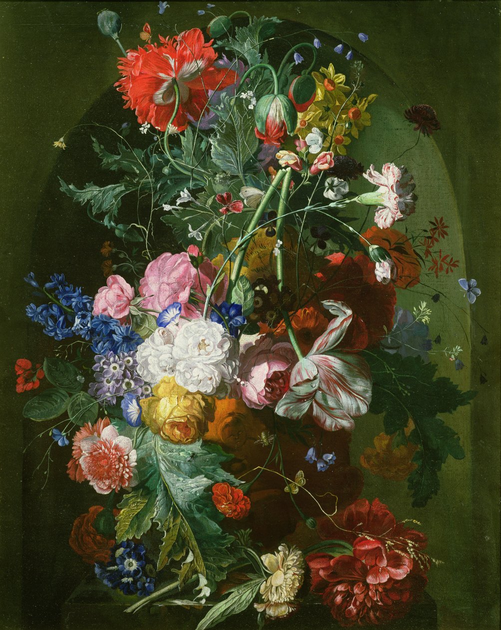 Stilleben av blomster i en terrakottavase satt i en nisje av Dutch School