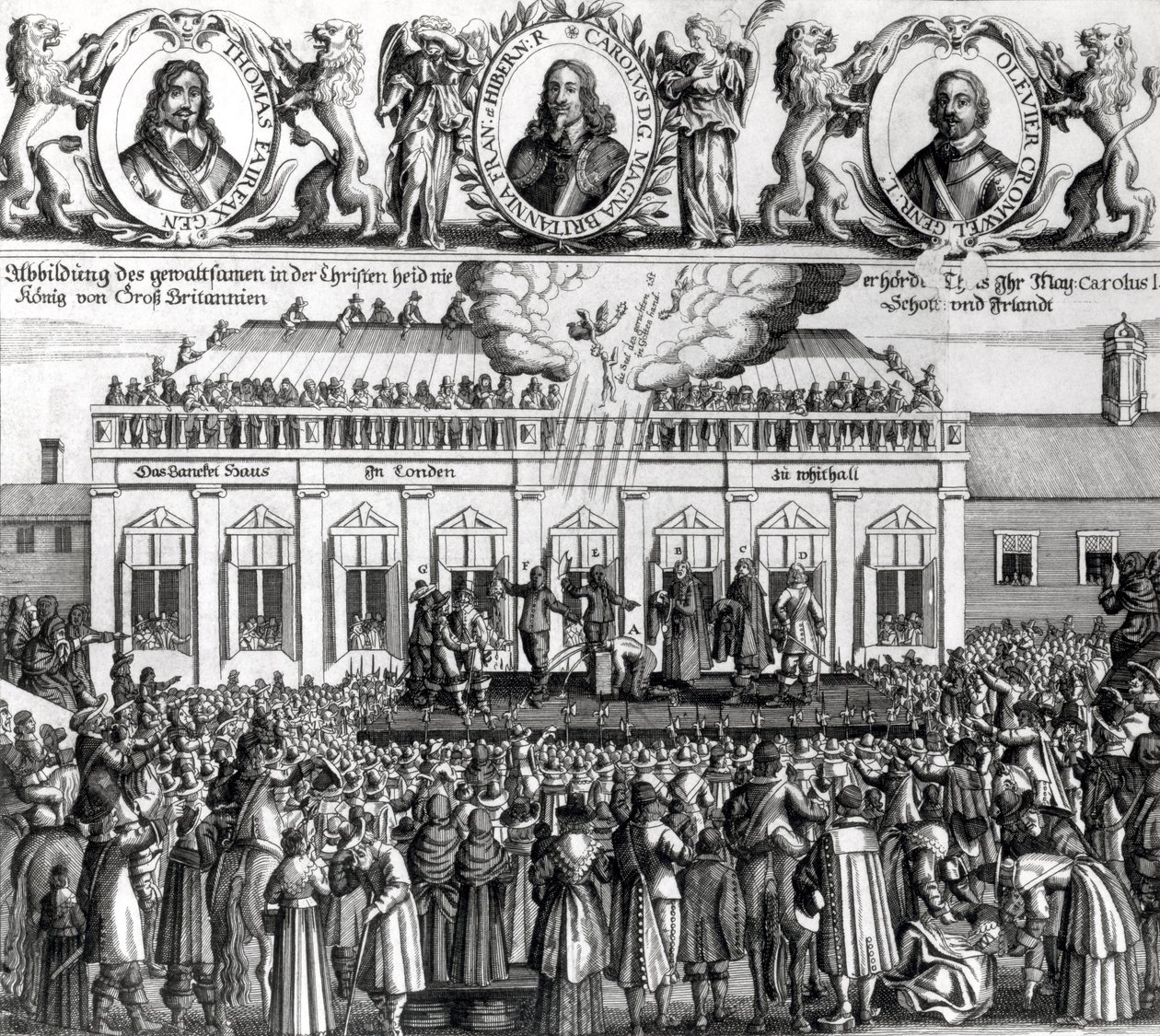 Halshuggingen av kong Charles I (1600-49) 1649 (gravering) (bw-foto) av Dutch School