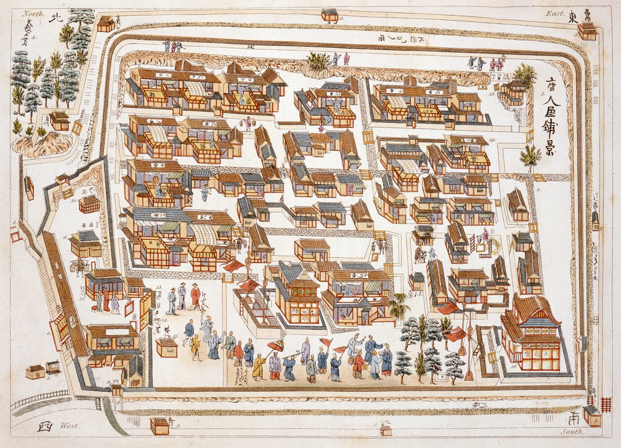 Den kinesiske fabrikken i gaten Teng-chan i Nangasaki, grunnlagt 1688, fra Illustrasjoner av Japan av Isaac Titsingh (ca. 1740-1812), utgitt London, 1822 av Dutch School
