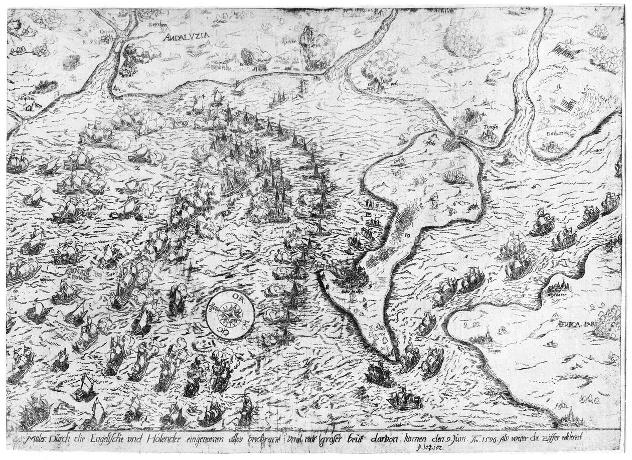Den engelske og nederlandske styrken vendte mot den spanske flåten i havnen i Cadiz i 1596 av Dutch School