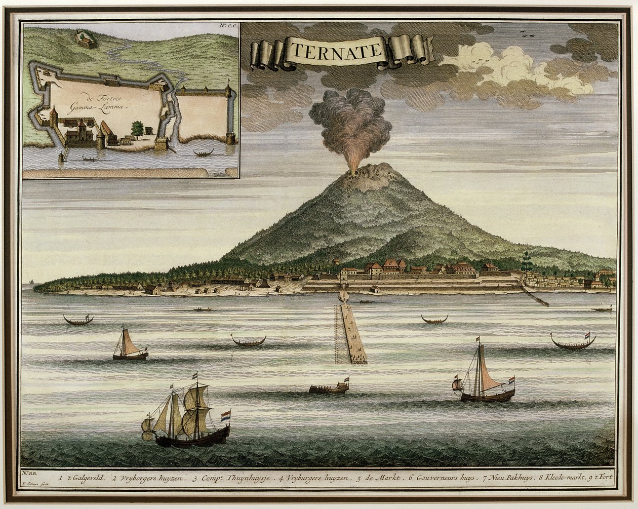 The Island of Ternate, Molukkene, Indonesia, illustrasjon fra Oud Nieuw Oost-Indien, 1724-26 av Dutch School