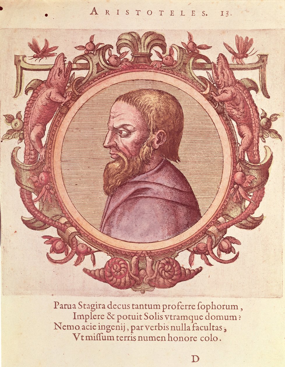 Filosofen Aristoteles (384-322 f.Kr.), illustrasjon fra antikkens og nyere fysikk og filosofers ikoner av Johannes Sambucus (1531-1584), utgitt av Plantin i Antwerpen 1574 (fargegravering) av Dutch School