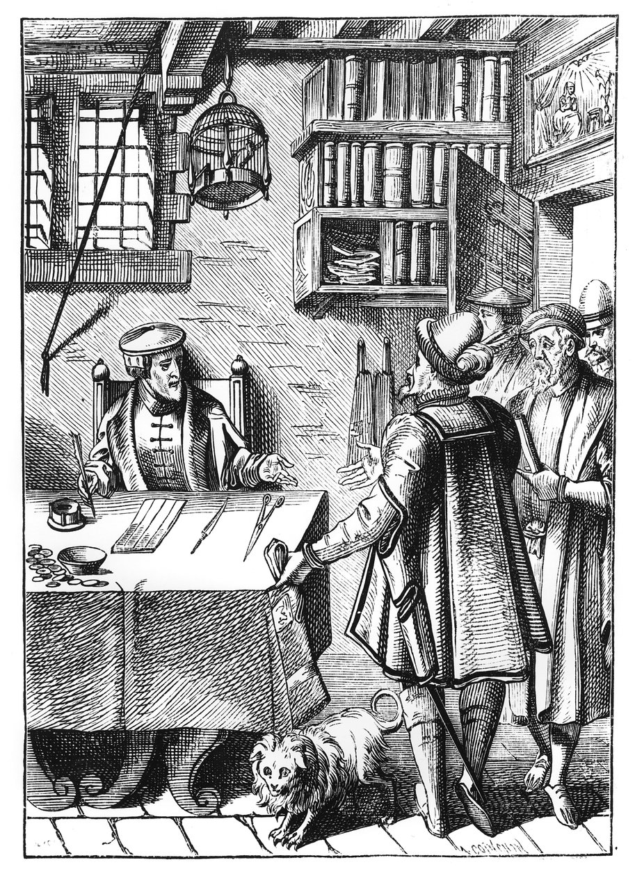 Skattemottakeren, etter et tresnitt i Praxis Rerum Civilium av Joos de Damhouder (1507-81) utgitt Antwerpen, 1557 av Dutch School