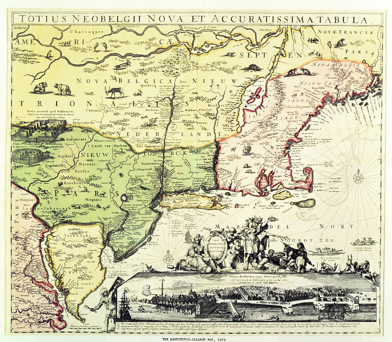 Restitutio-Allardt-kartet over New Amsterdam, gravert og pub. av Carolus Allardt, 1673 (kobberstikk) av Dutch School