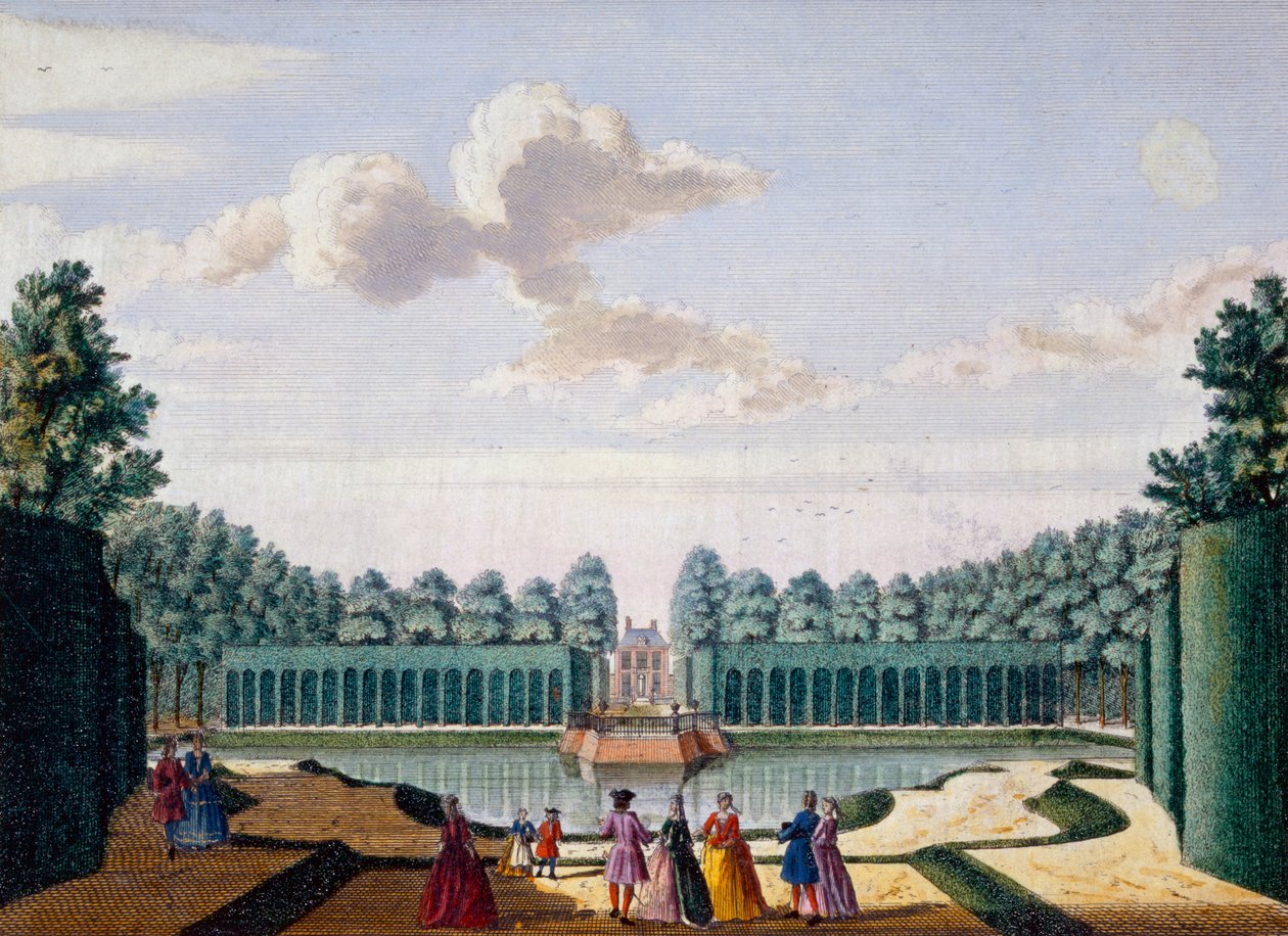 Stien ved siden av dammen mot huset, Meerestein, fra Her Zeganpralent Kennemerland av Hendrik de Leth og Matthias Brouerius Van Nidek, publisert ca. 1700-1730 av Dutch School