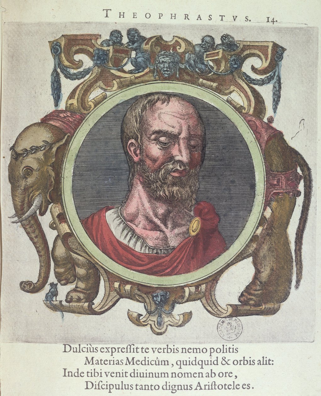 Theophrastus (ca. 372-287 f.Kr.), illustrasjon fra Old and Recent Physics and Philosophers av Johannes Sambucus (1531-84), utgitt av Plantin i Leyden 1603 (fargegravering) av Dutch School