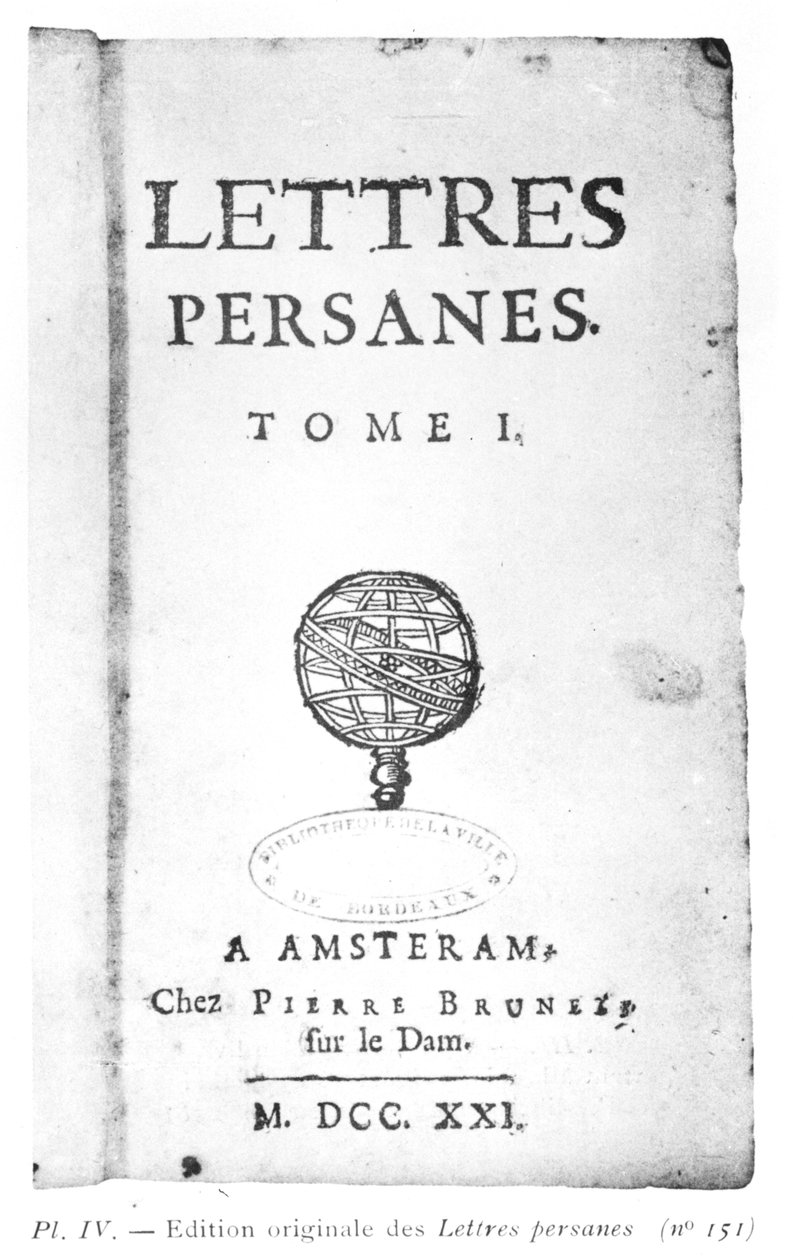 Tittelsiden til The Persian Letters av Charles de Montesquieu (1689-1755) 1721 av Dutch School