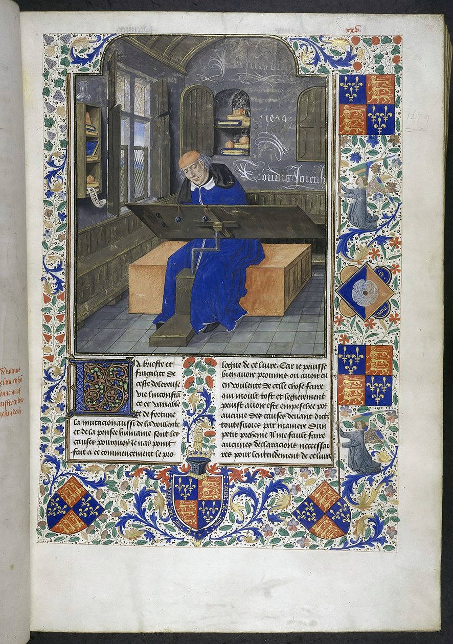 Oversetter på jobb, fra Fakta og ordtak memorabilia (eller Les Faits et les Dits des Romains), Royal 18 E III, f.24 av Dutch School