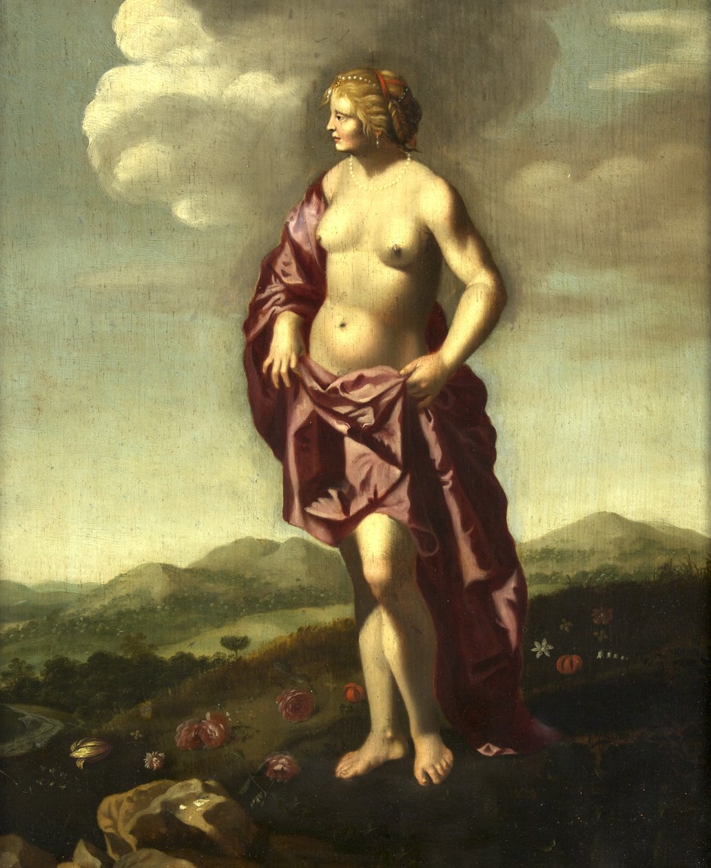 Venus i et landskap (olje på panel) av Dutch School