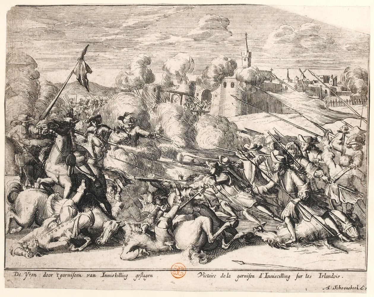 Enniskillen-garnisonens seier over irerne i 1689, ca. 1691 av Dutch School