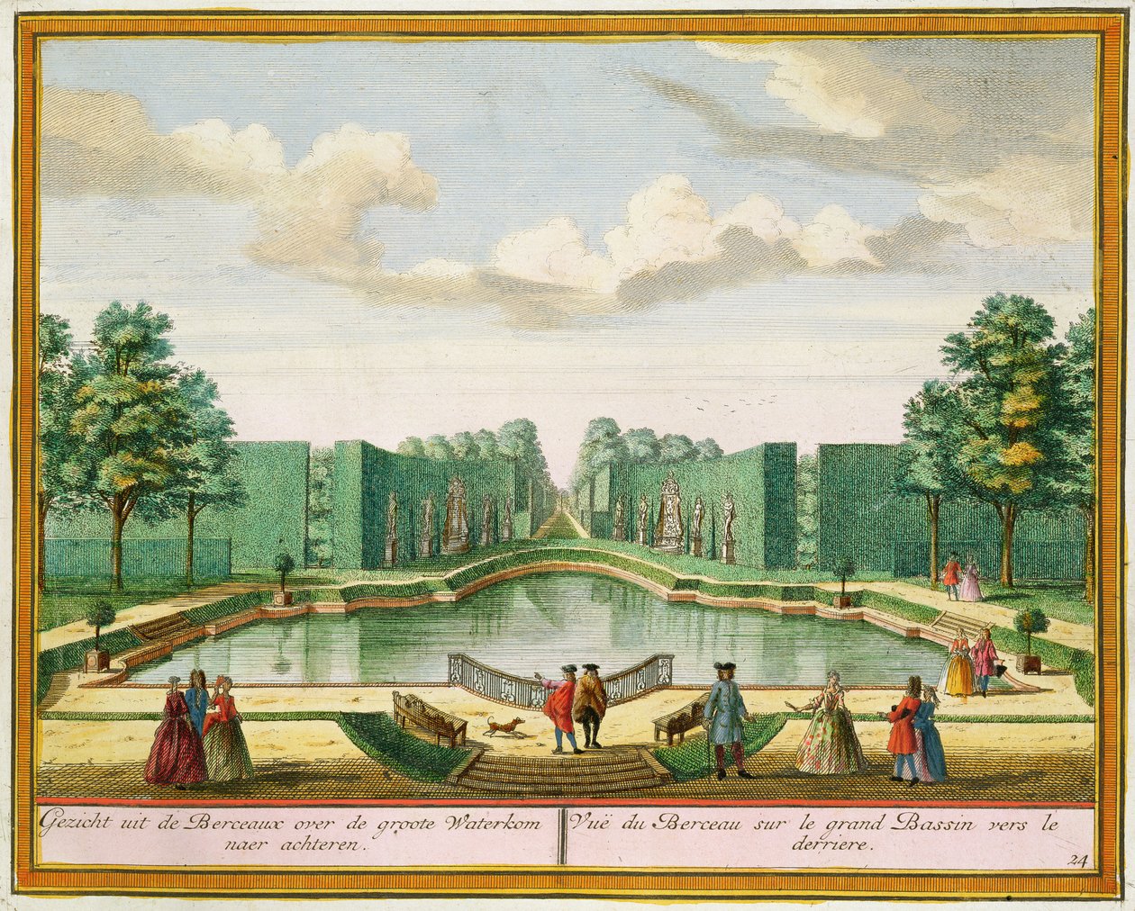 Utsikt fra bower over den store innsjøen, fra Her Zeganplant Kennemerland, av Hendrik de Leth og Matthias Brouerius Van Nidek, utgitt ca. 1700-1730 av Dutch School
