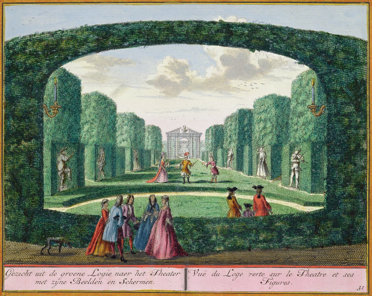 Utsikt fra den grønne loggiaen til teatret, fra Het Zeganplant Kennemerlant, av Hendrick de Leth og Matthias Brouerius Van Nidek, utgitt ca. 1700-1730 av Dutch School