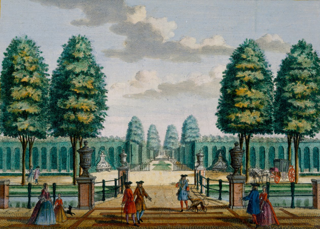 Utsikt fra huset mot frontporten, Meerestein, fra Her Zeganpralent Kennemerland av Hendrik de Leth og Matthias Brouerius Van Nidek, utgitt ca. 1700-1730 av Dutch School