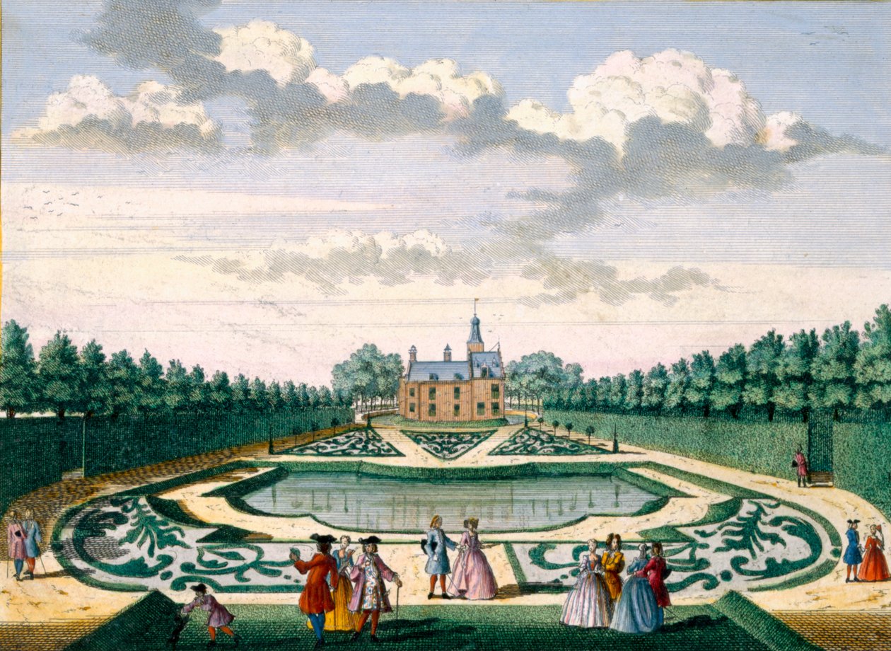 Utsikt over Adrichem House med hagen og det store tjernet, fra Het Zeganpralent Kennemerlant av Hendrick de Leth og Matthias Brouerius Van Nidek, publisert ca. 1700-1730 av Dutch School