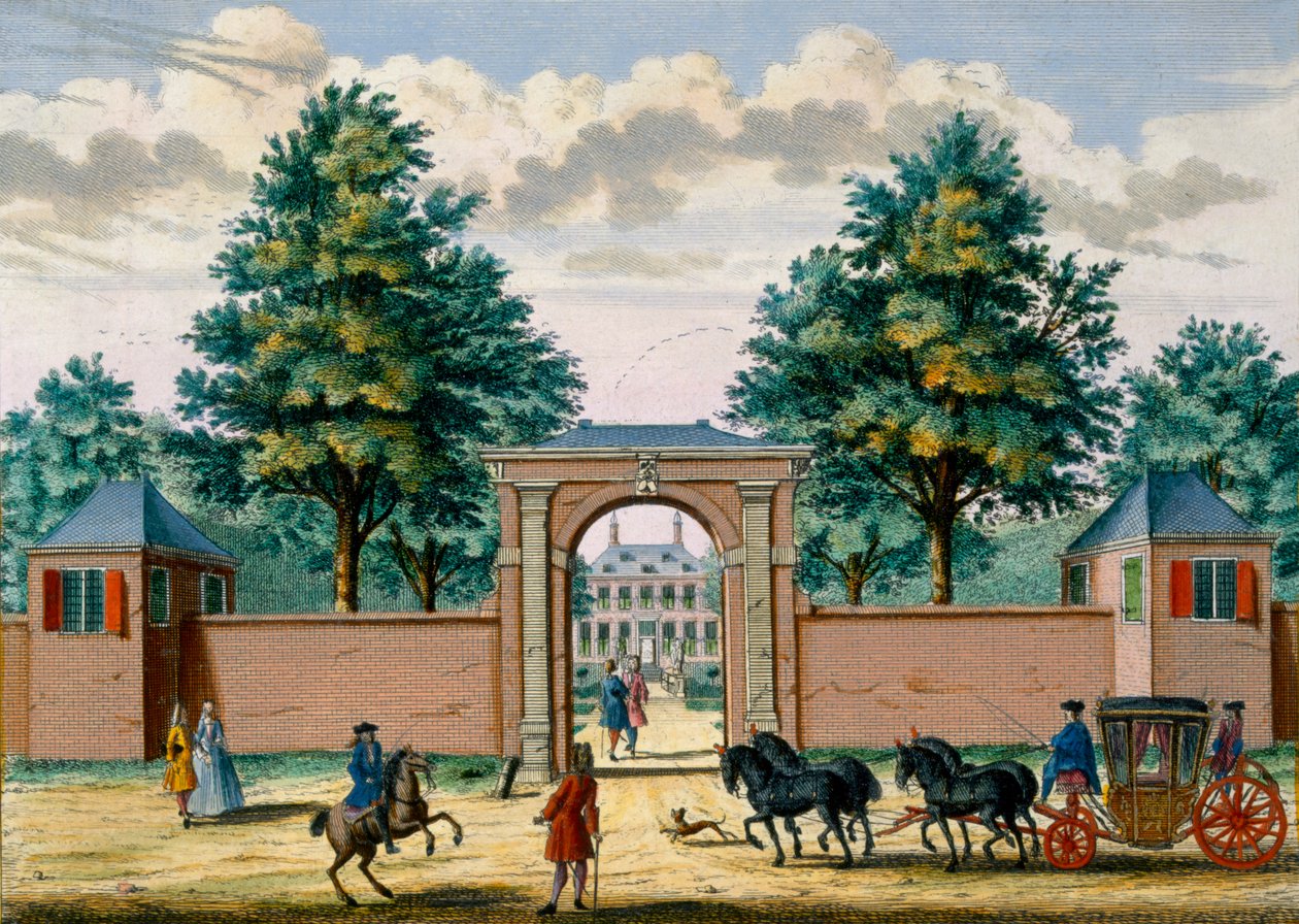 Utsikt over Akredam House, fra Het Zeganpralent Kennemerlant av Hendrick de Leth og Matthias Brouerius Van Nidek, utgitt ca. 1700-1730 av Dutch School