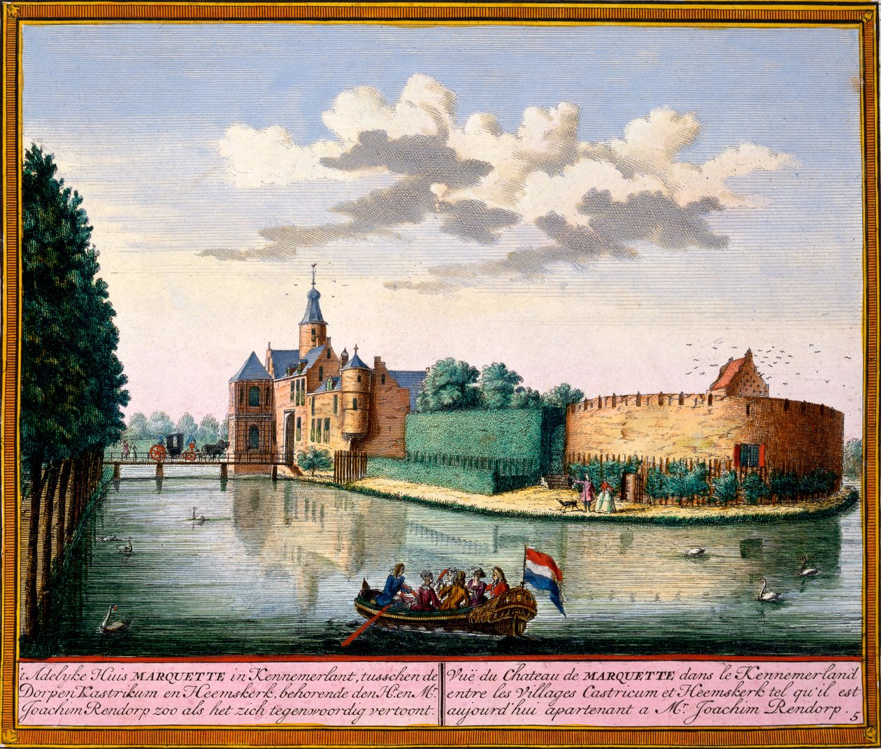 Utsikt over Marquette House, Kennemerland, fra Het Zeganpralent Kennemerlant av Hendrick de Leth og Matthias Brouerius Van Nidek, utgitt ca. 1700-30 av Dutch School